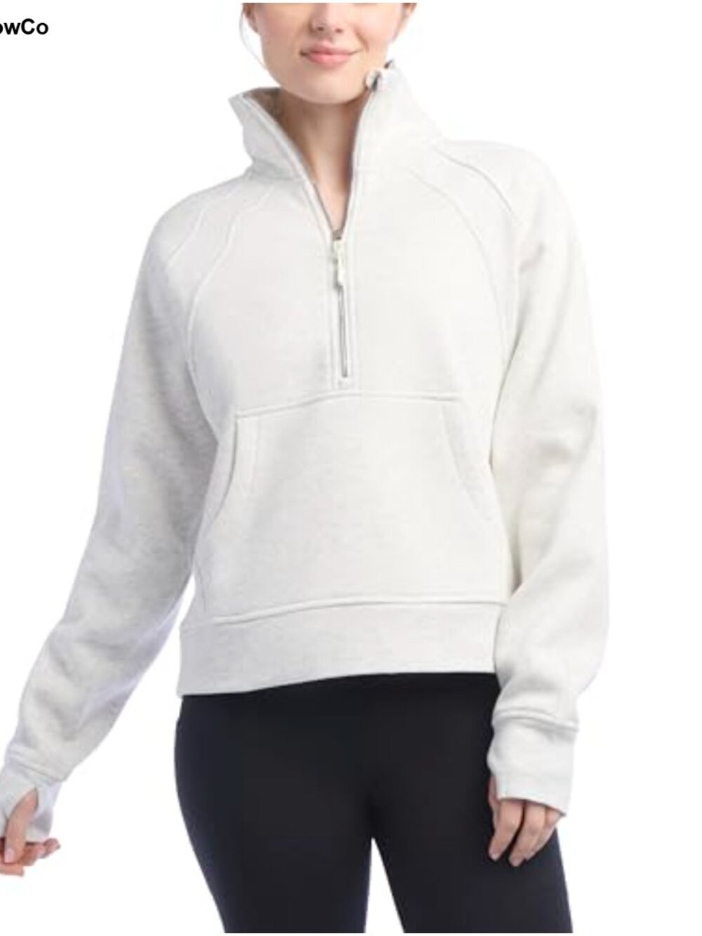 Mixed Rib Half Zip Pullover Sweatshirt Mock Neck Kangaroo Pocket